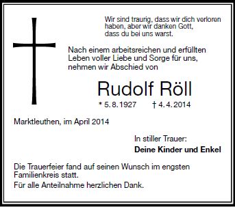 Todesanzeige Rudolf Rll